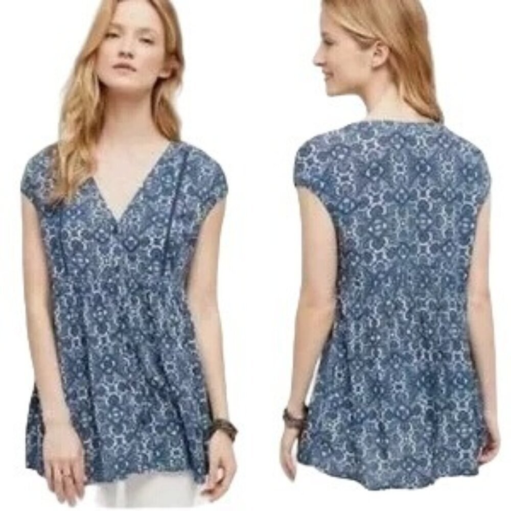 Anthropologie Vanessa Virginia Blue Lace Ladder Tunic - Picture 1 of 7